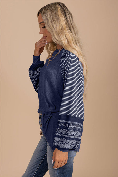 Contrast Print Striped Raglan Crew Neck Loose Long Sleeve Top